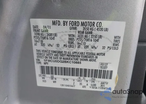 2011 Ford Escape Xlt from USA, damaged, VIN 1FMCU0DG2BKC10885